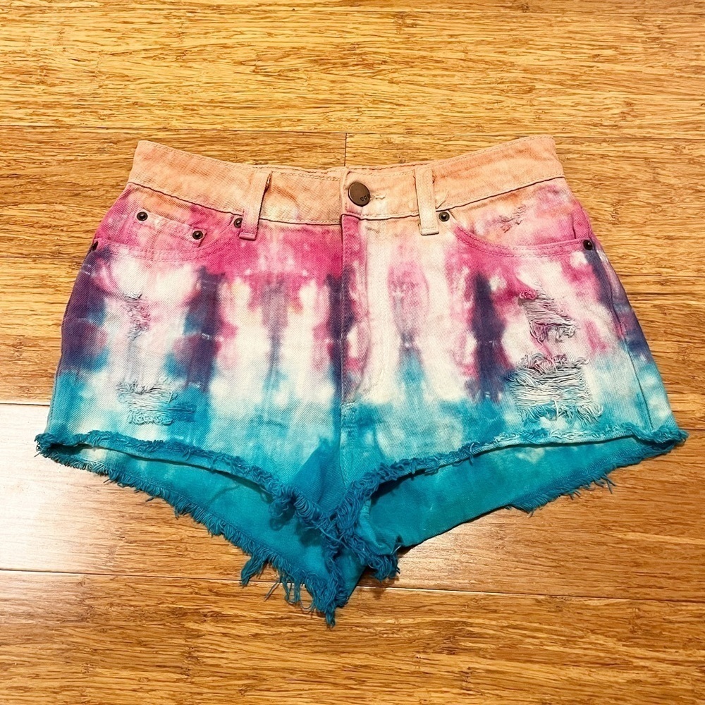 Urban Outfitters BDG tie-dye high rise cheeky distressed jean shorts. Size 27 - Picture 2 of 10